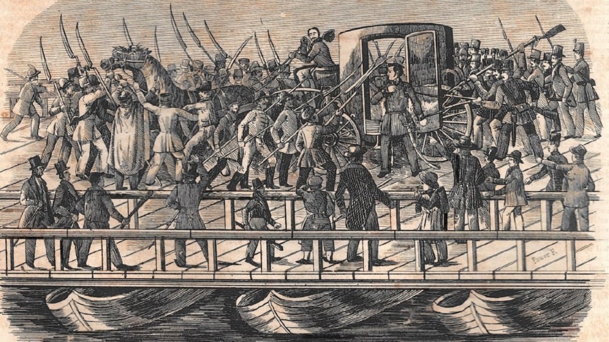Lamberg meggyilkolása a pest-budai hajóhídon. Illusztráció, Mulattató Képesujság, 1848_37, október 7._Wikipedia-atmeretezve-nagy-meretre (1).jpeg